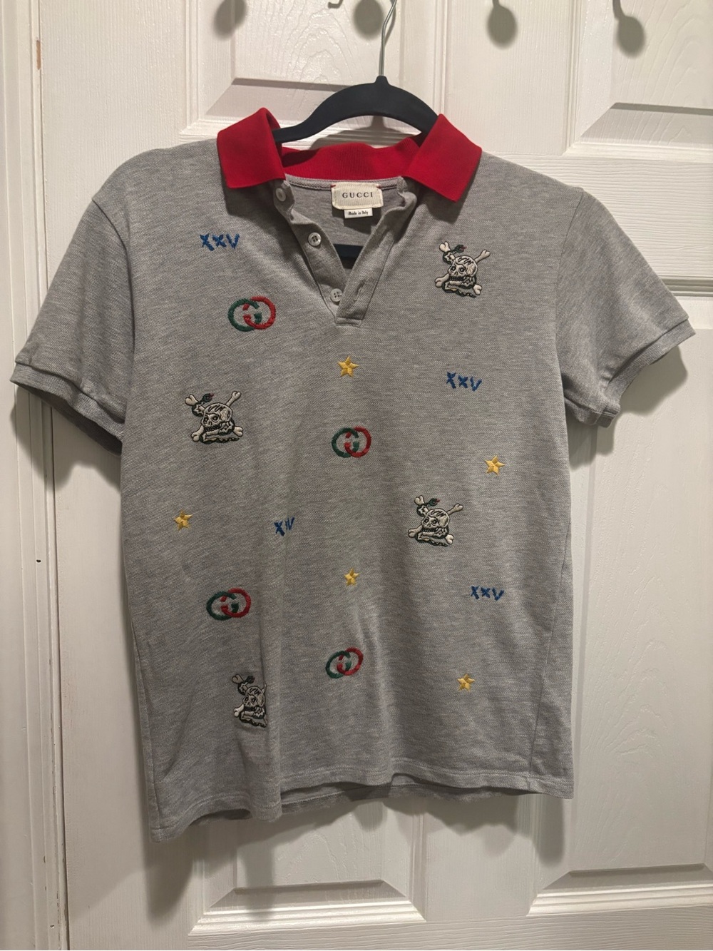 GUCCI Boy’s Polo Gray Cotton Short Sleeve W/contrasting Red collar Sz 12  Italy